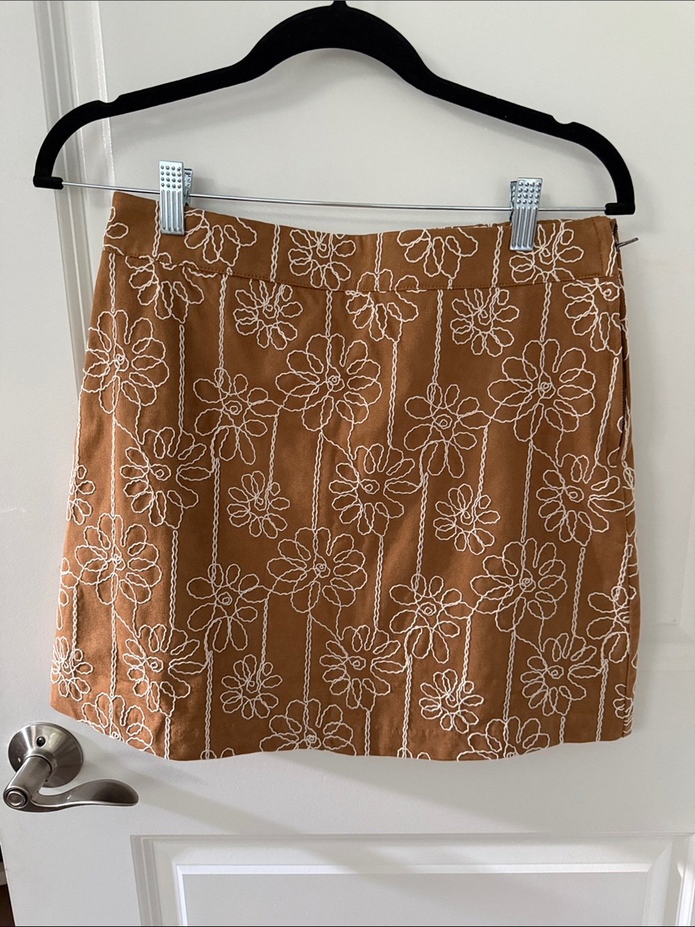 Skies Are Blue Camel Mini Skirt with White Floral Embroidery